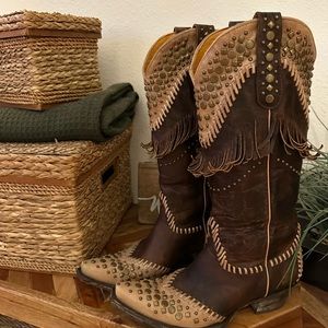Old Gringo Boots Brown Tall Fringe Studded Size 8.5